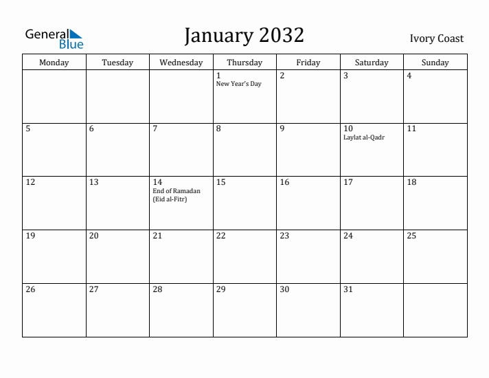 January 2032 Calendar Ivory Coast