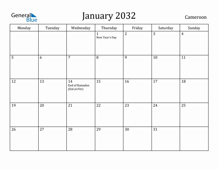 January 2032 Calendar Cameroon