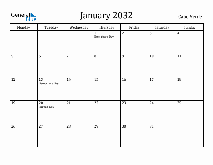 January 2032 Calendar Cabo Verde