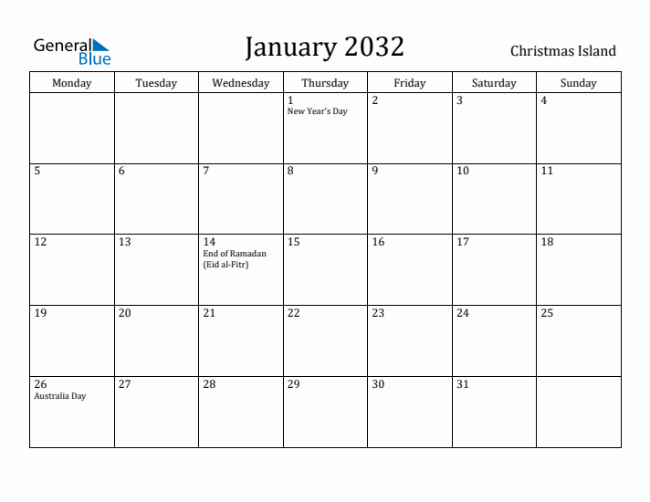 January 2032 Calendar Christmas Island
