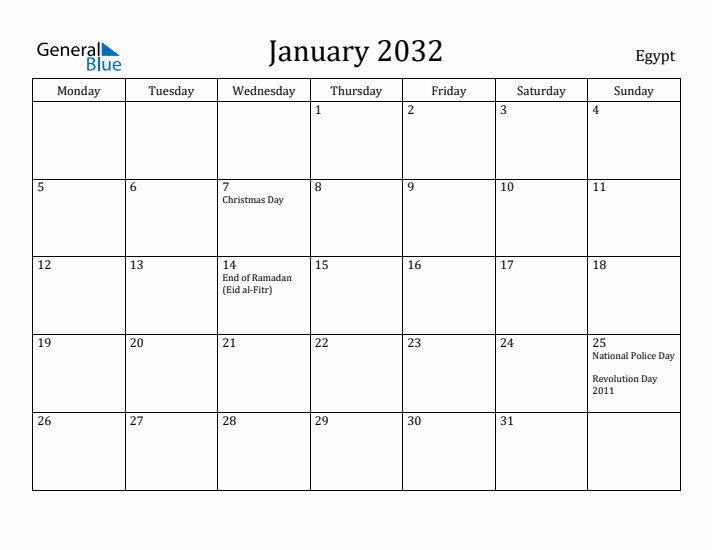 January 2032 Calendar Egypt