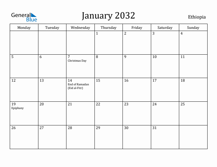 January 2032 Calendar Ethiopia
