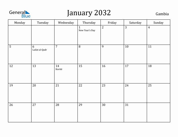 January 2032 Calendar Gambia