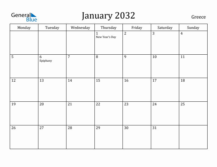 January 2032 Calendar Greece