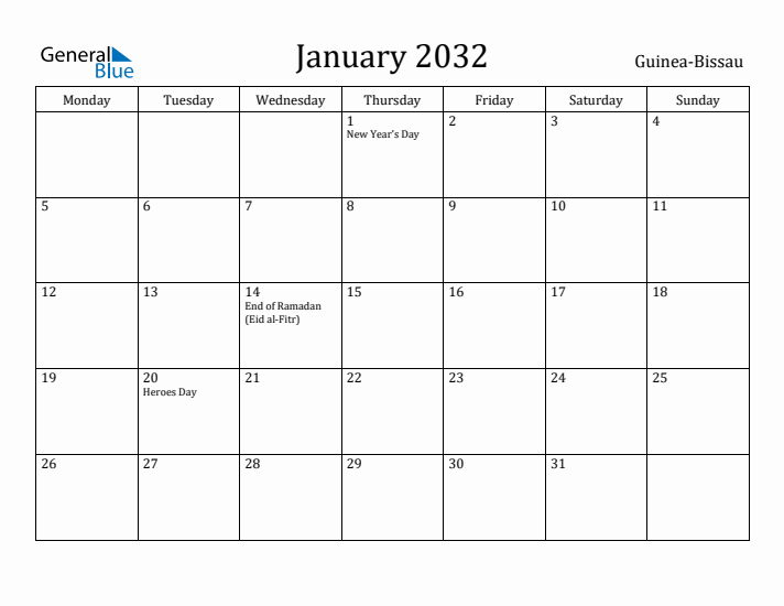 January 2032 Calendar Guinea-Bissau
