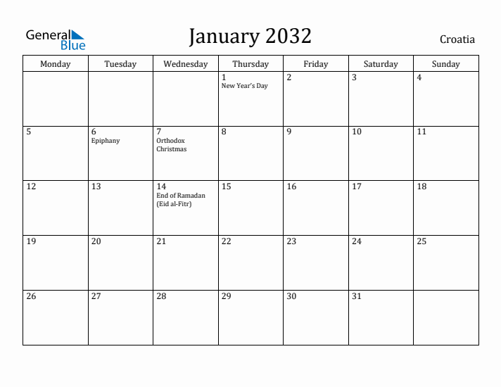 January 2032 Calendar Croatia