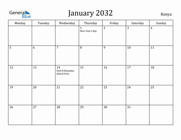 January 2032 Calendar Kenya