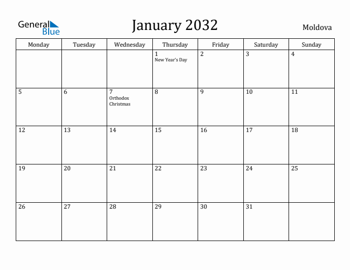 January 2032 Calendar Moldova