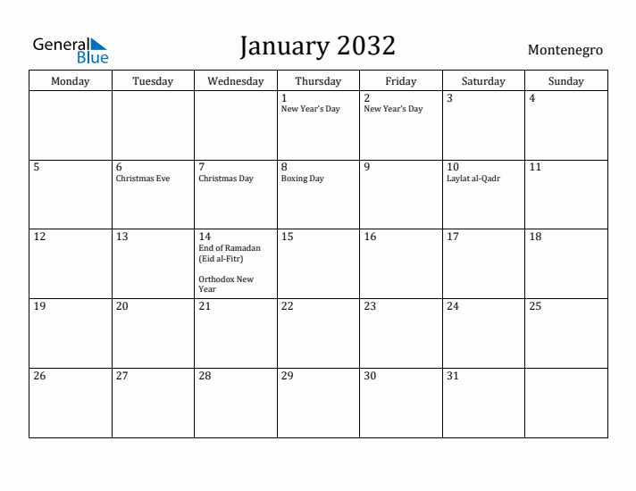 January 2032 Calendar Montenegro