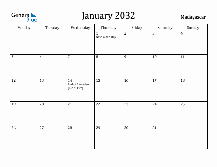 January 2032 Calendar Madagascar