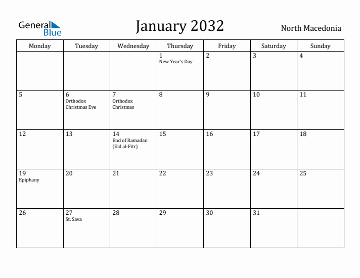 January 2032 Calendar North Macedonia