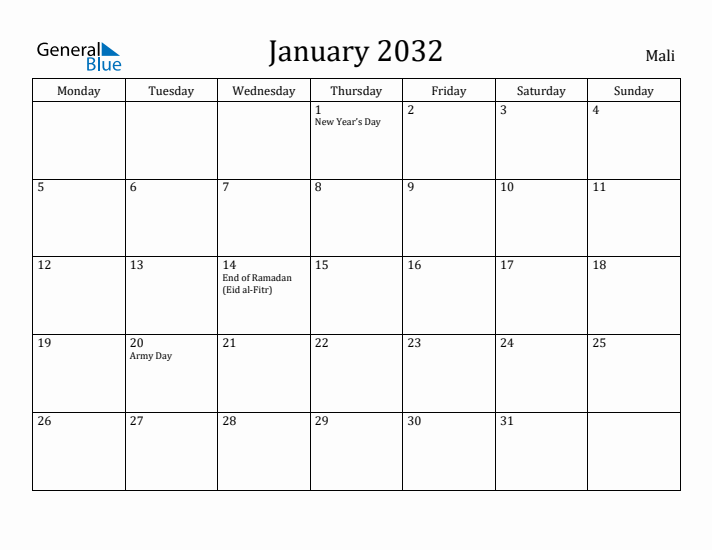 January 2032 Calendar Mali