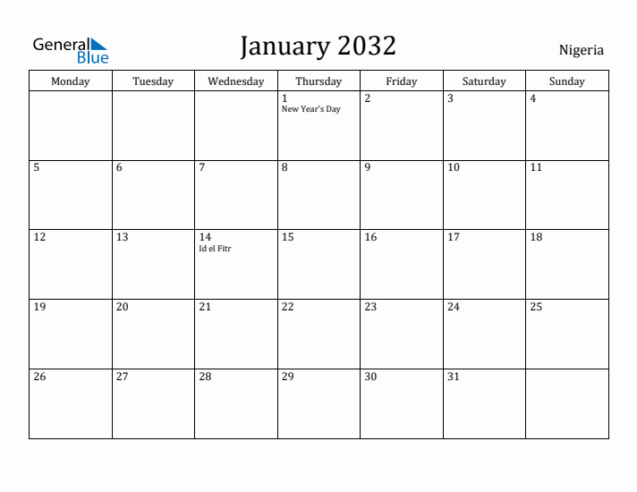 January 2032 Calendar Nigeria