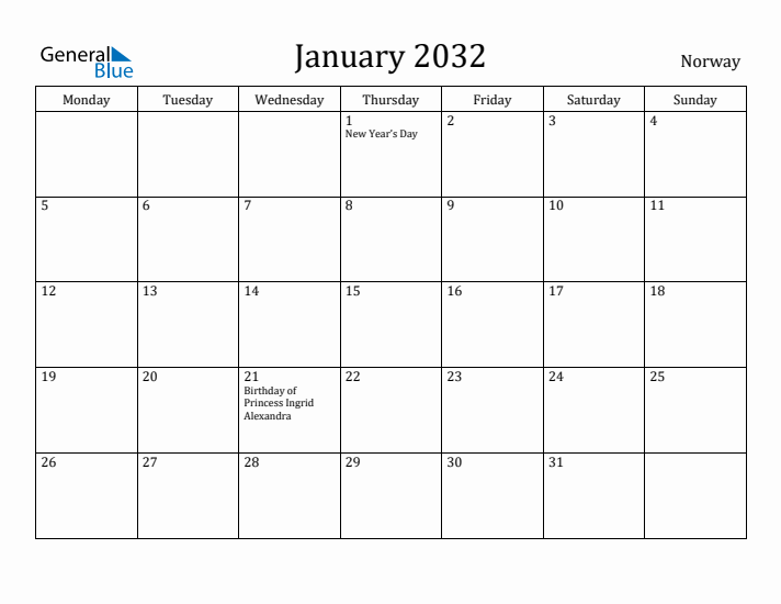 January 2032 Calendar Norway