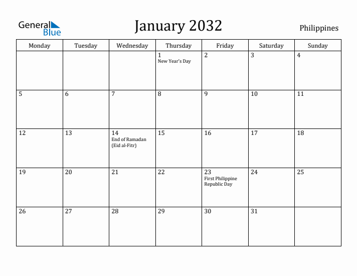 January 2032 Calendar Philippines