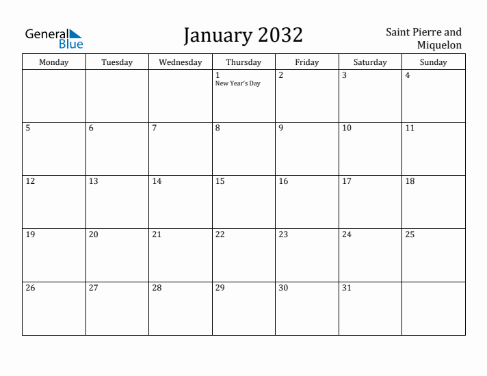 January 2032 Calendar Saint Pierre and Miquelon