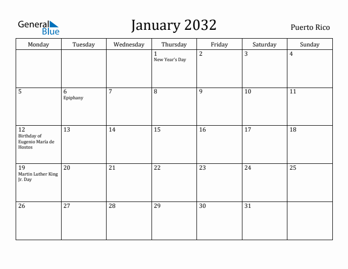 January 2032 Calendar Puerto Rico