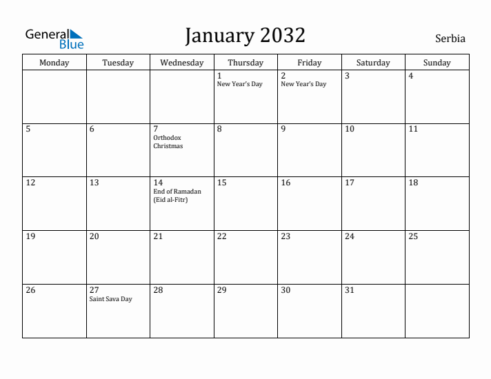January 2032 Calendar Serbia