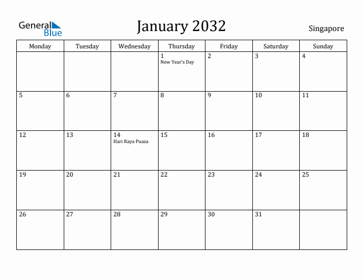 January 2032 Calendar Singapore
