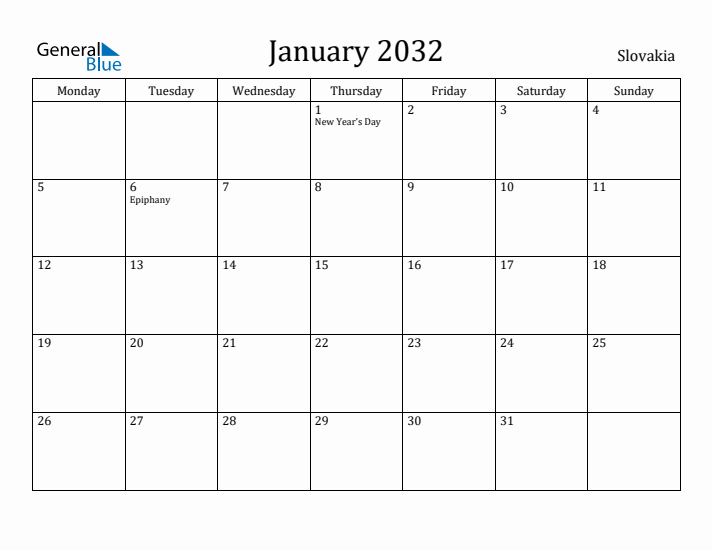 January 2032 Calendar Slovakia