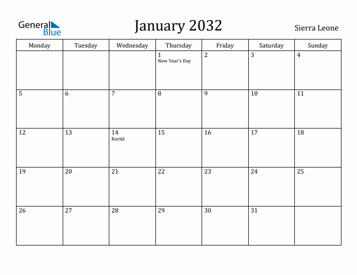 January 2032 Calendar Sierra Leone