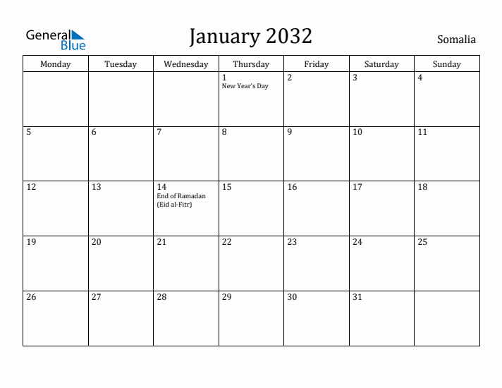 January 2032 Calendar Somalia