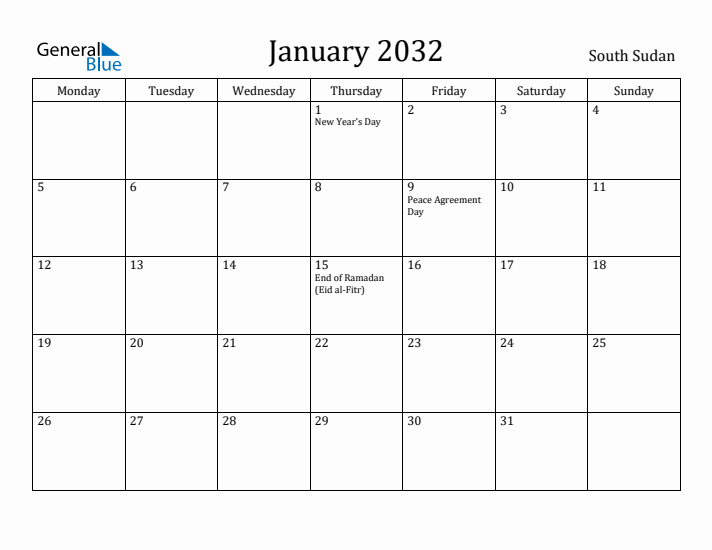 January 2032 Calendar South Sudan