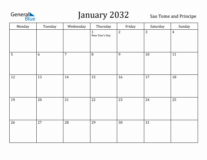 January 2032 Calendar Sao Tome and Principe