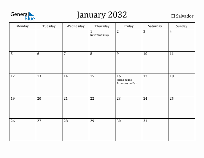 January 2032 Calendar El Salvador