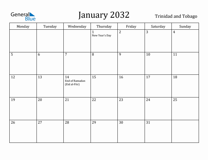 January 2032 Calendar Trinidad and Tobago