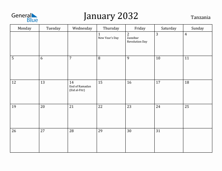 January 2032 Calendar Tanzania