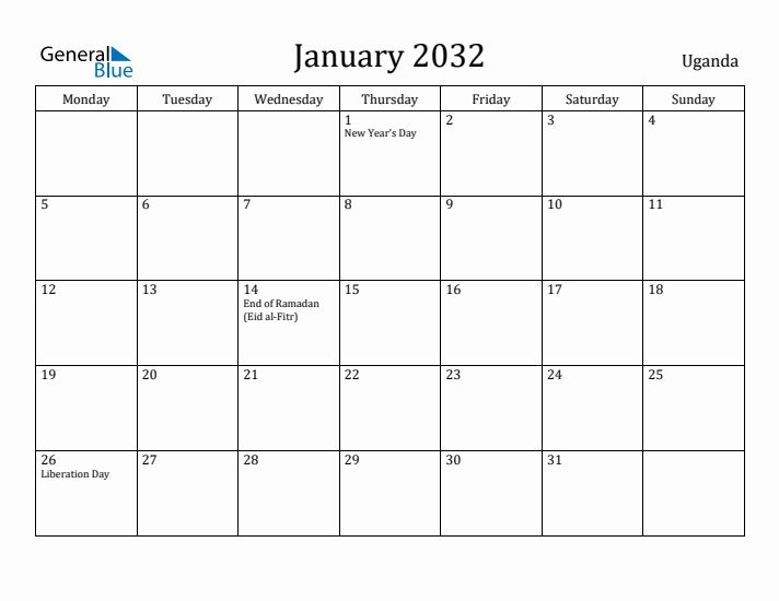 January 2032 Calendar Uganda