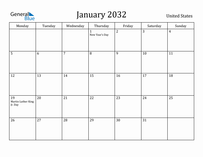 January 2032 Calendar United States