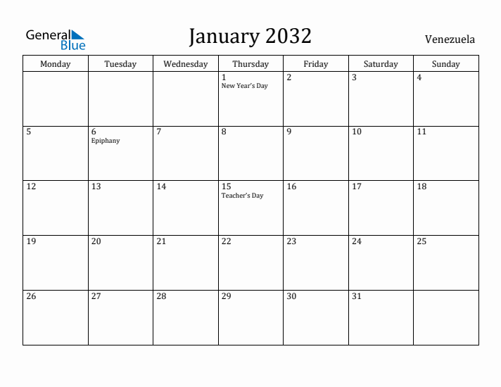 January 2032 Calendar Venezuela