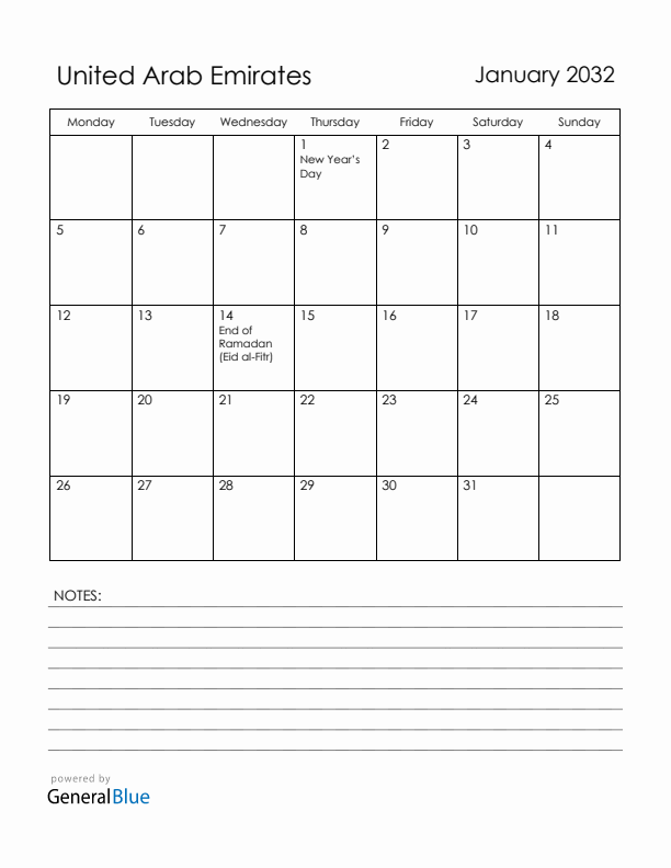 January 2032 United Arab Emirates Calendar with Holidays (Monday Start)