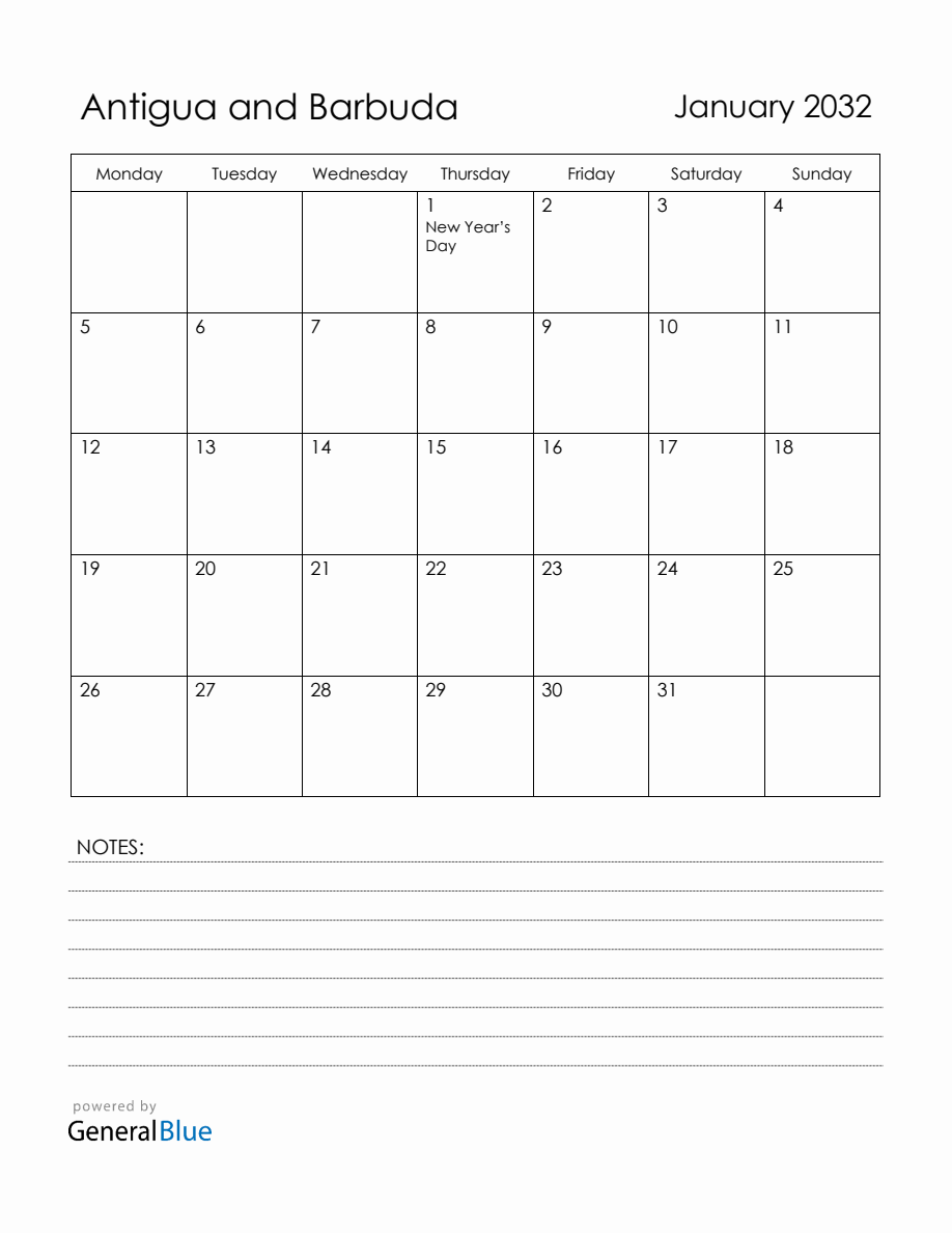 January 2032 Antigua and Barbuda Calendar with Holidays