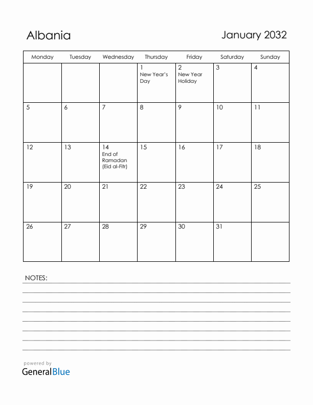 January 2032 Albania Calendar with Holidays (Monday Start)