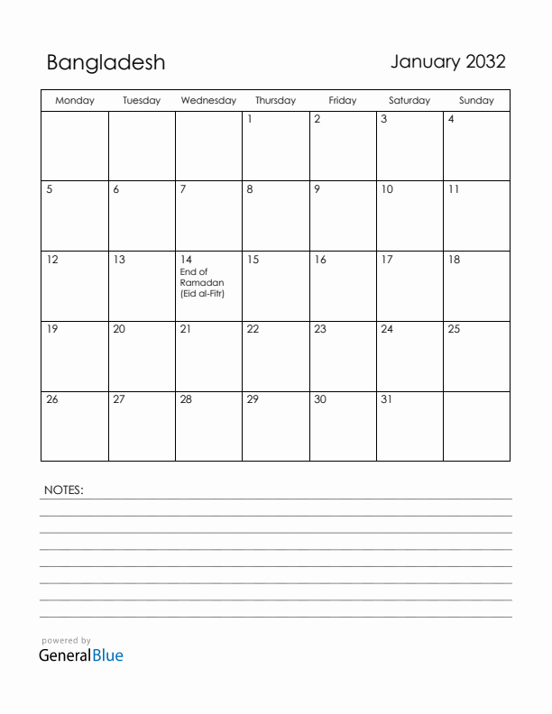 January 2032 Bangladesh Calendar with Holidays (Monday Start)
