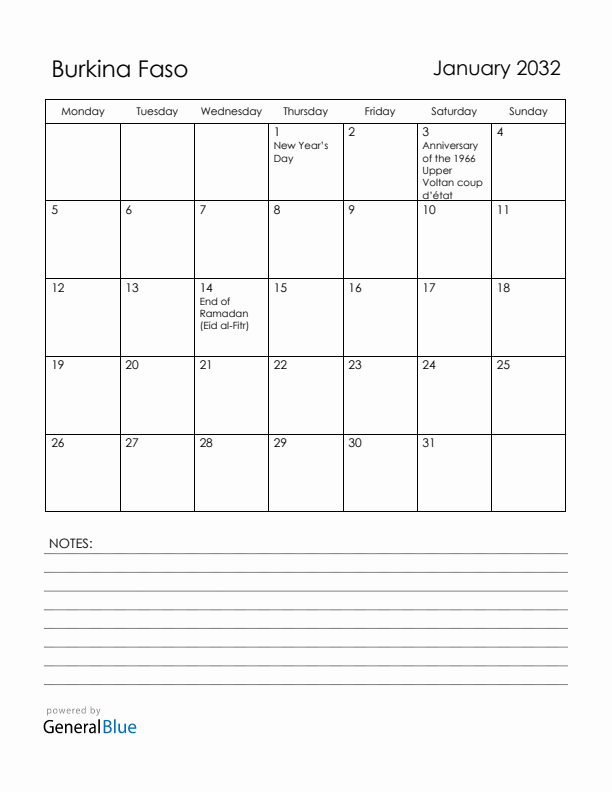 January 2032 Burkina Faso Calendar with Holidays (Monday Start)