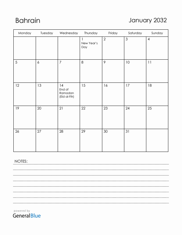 January 2032 Bahrain Calendar with Holidays (Monday Start)