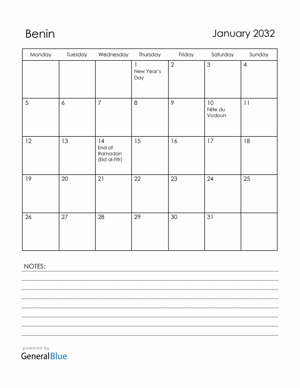 January 2032 Benin Calendar with Holidays (Monday Start)