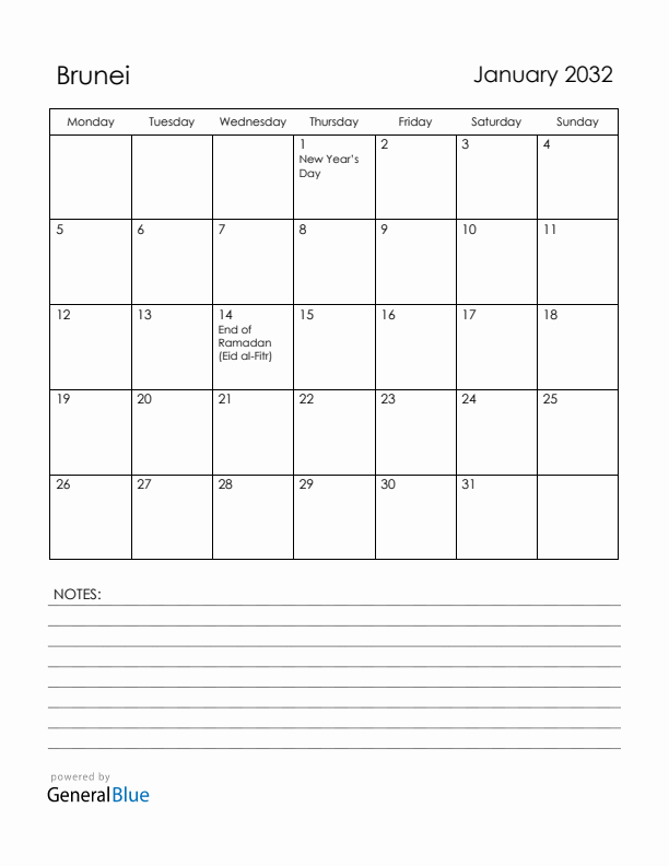 January 2032 Brunei Calendar with Holidays (Monday Start)