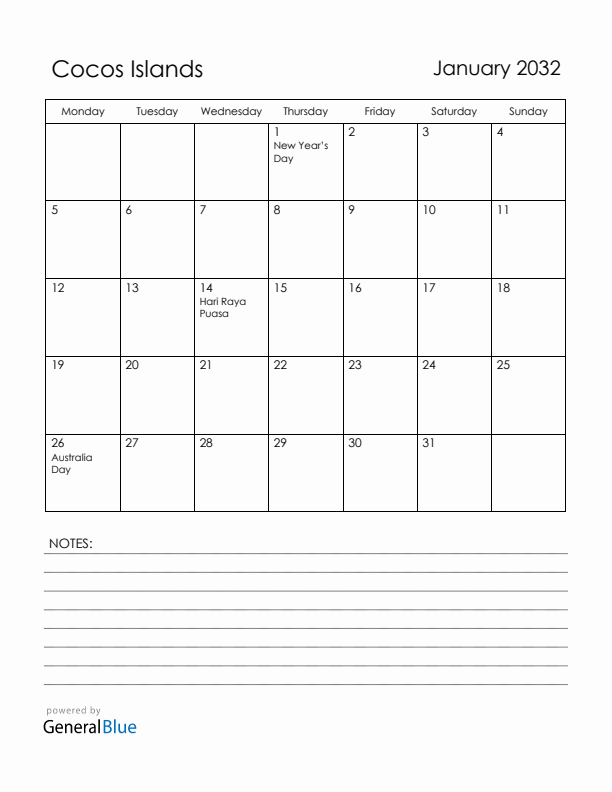 January 2032 Cocos Islands Calendar with Holidays (Monday Start)