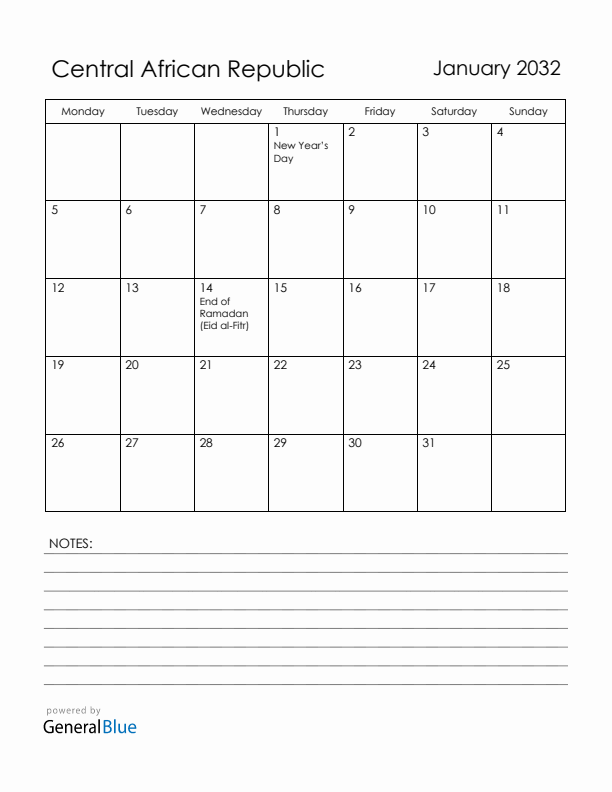 January 2032 Central African Republic Calendar with Holidays (Monday Start)