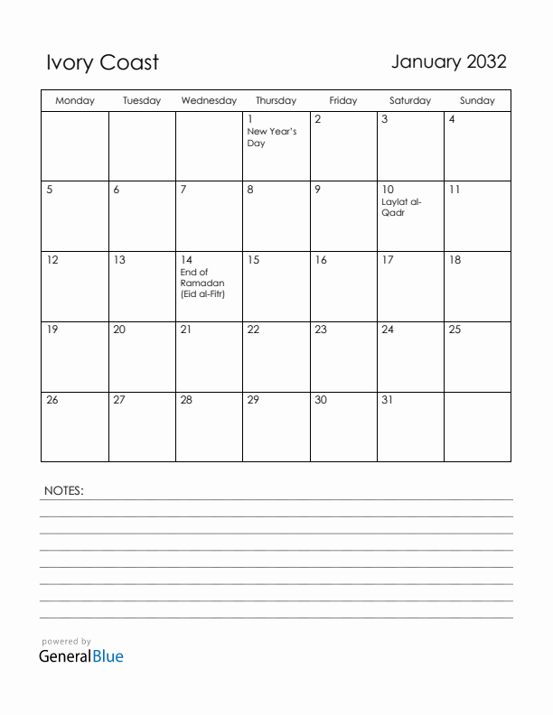 January 2032 Ivory Coast Calendar with Holidays (Monday Start)