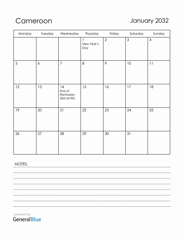 January 2032 Cameroon Calendar with Holidays (Monday Start)