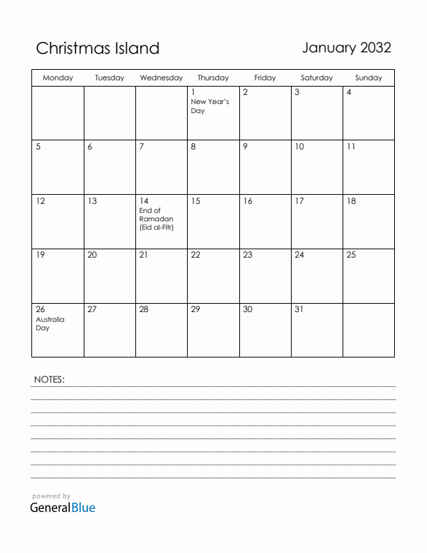 January 2032 Christmas Island Calendar with Holidays (Monday Start)