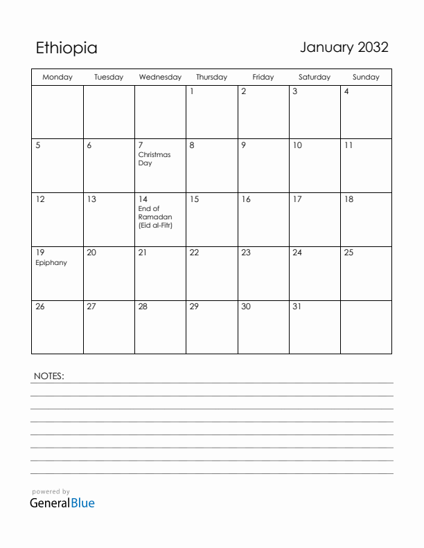 January 2032 Ethiopia Calendar with Holidays (Monday Start)