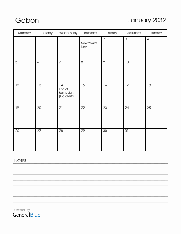 January 2032 Gabon Calendar with Holidays (Monday Start)
