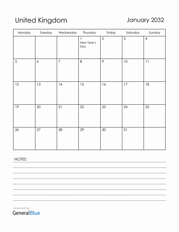 January 2032 United Kingdom Calendar with Holidays (Monday Start)